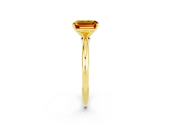 Yellow gold Emerald Cut Citrine Solitaire Ring with Six-Prong Setting and Classic Band