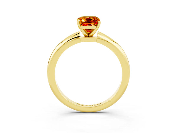 Yellow gold Emerald Cut Citrine Solitaire Ring with Six-Prong Setting and Classic Band