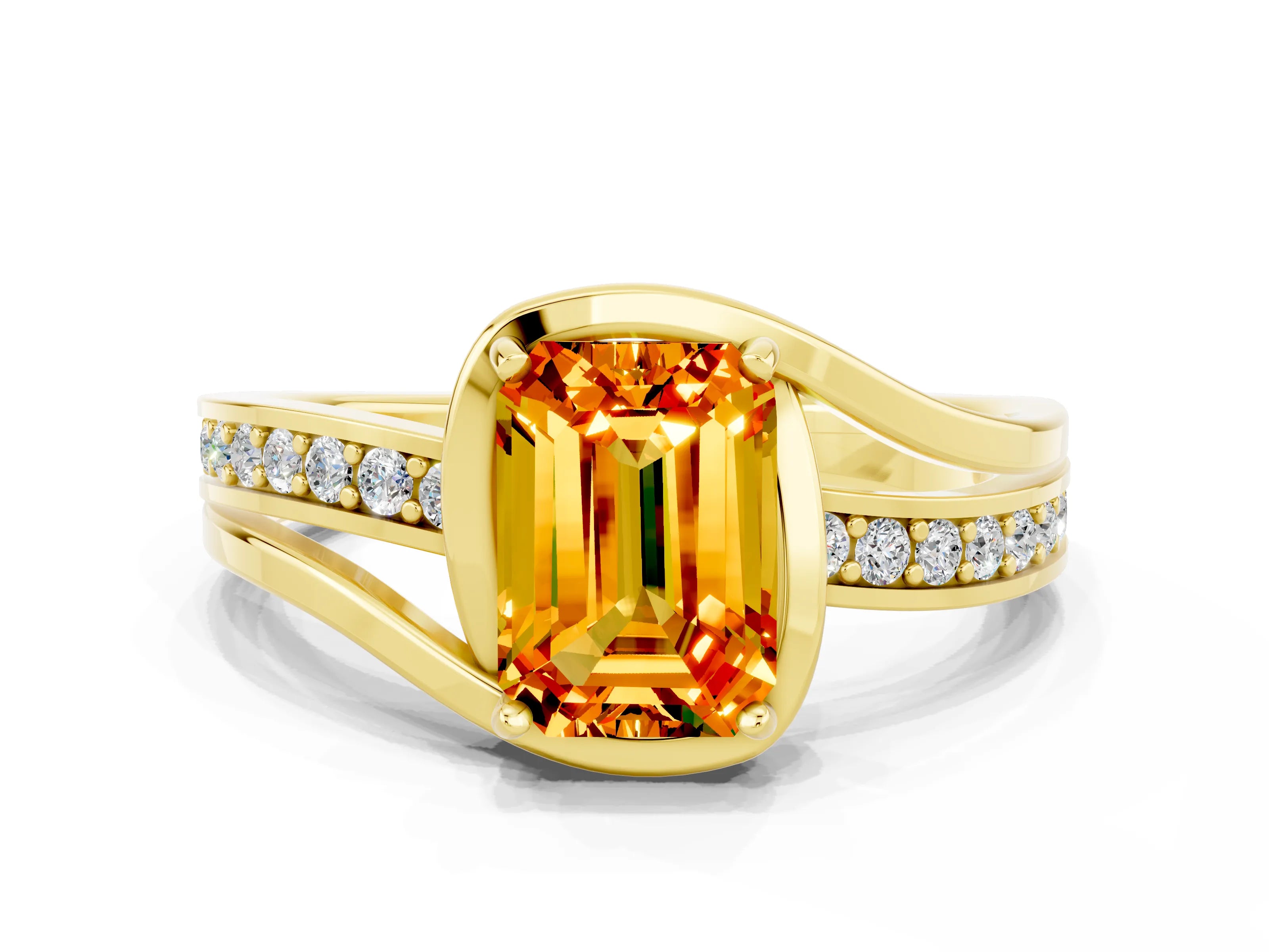 Yellow gold Emerald Cut Citrine Solitaire Ring with Split Shank and Prong Setting