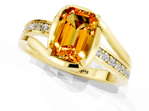 Yellow gold Emerald Cut Citrine Solitaire Ring with Split Shank and Prong Setting_1