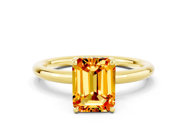 Yellow gold Emerald Cut Citrine Solitaire Ring with Thin Band and Four-Prong Setting