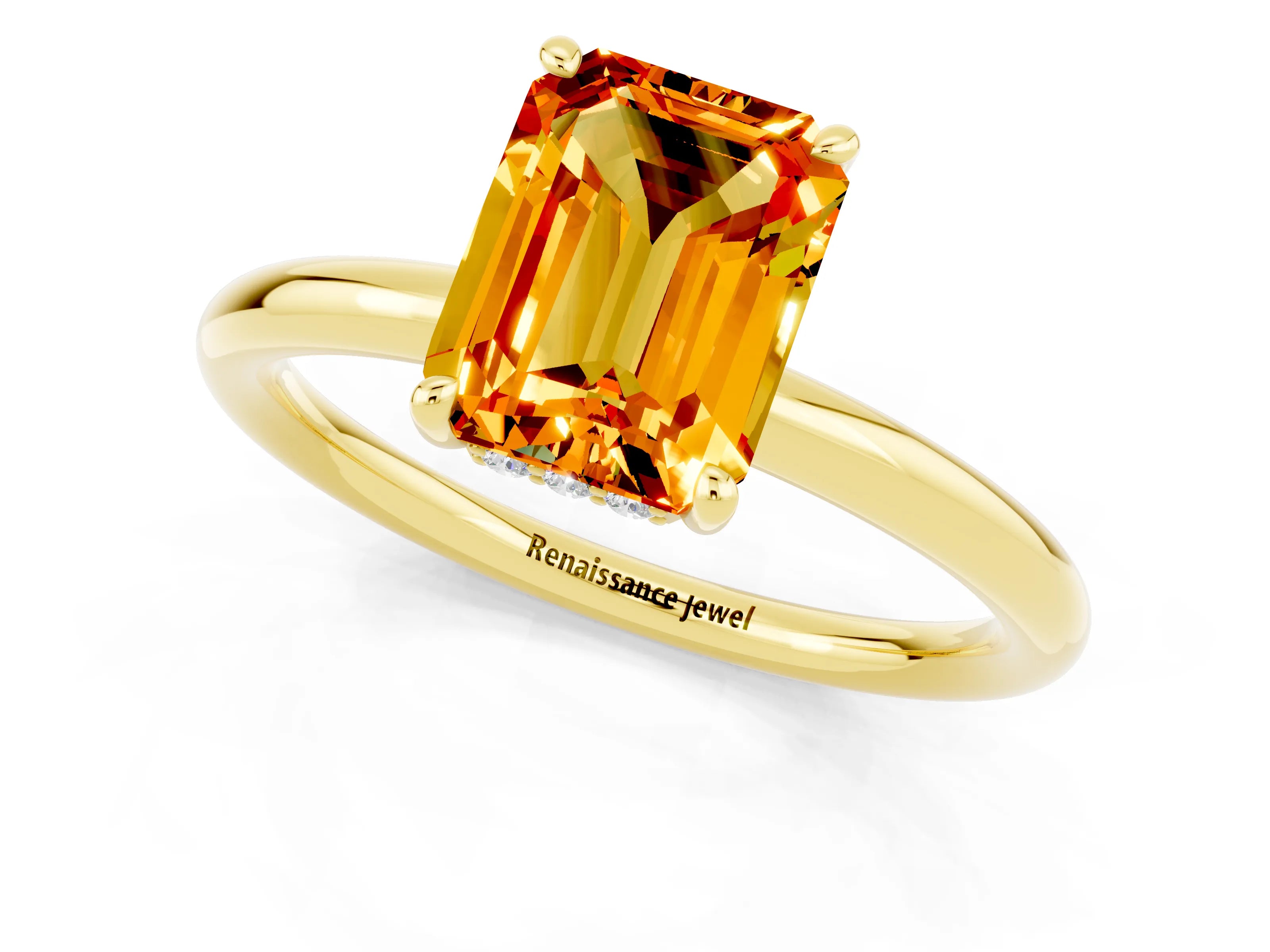Yellow gold Emerald Cut Citrine Solitaire Ring with Thin Band and Four-Prong Setting_13