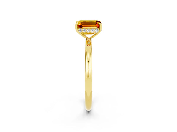 Yellow gold Emerald Cut Citrine Solitaire Ring with Thin Band and Four-Prong Setting