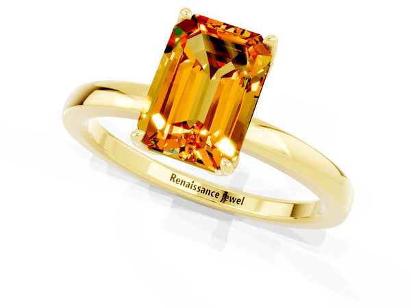 Yellow gold Emerald Cut Citrine Solitaire Ring with Thin Band and Prong Setting