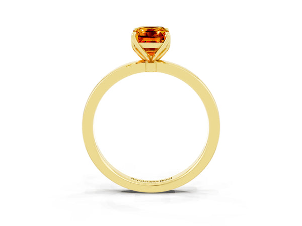 Yellow gold Emerald Cut Citrine Solitaire Ring with Thin Band and Prong Setting