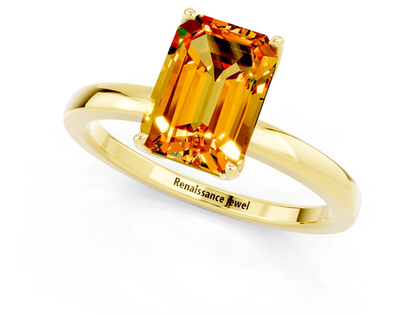 Yellow gold Emerald Cut Citrine Solitaire Ring with Thin Band and Prong Setting