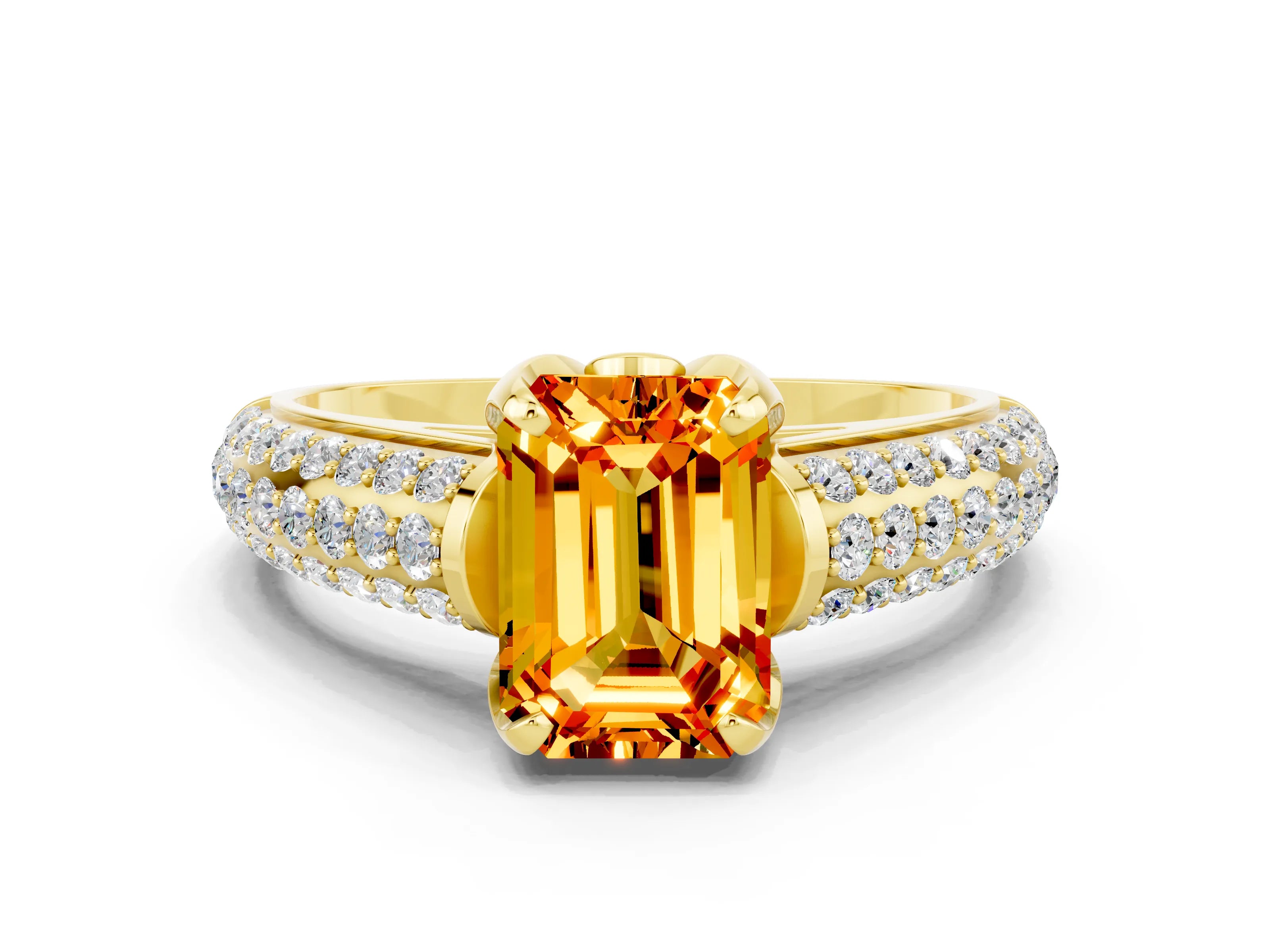 Yellow gold Emerald Cut Citrine Solitaire Ring with Three-Row Pavé Band and Four-Prong Setting_12