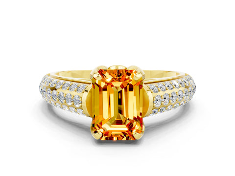Yellow gold Emerald Cut Citrine Solitaire Ring with Three-Row Pavé Band and Four-Prong Setting_12