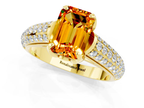 Yellow gold Emerald Cut Citrine Solitaire Ring with Three-Row Pavé Band and Four-Prong Setting_13