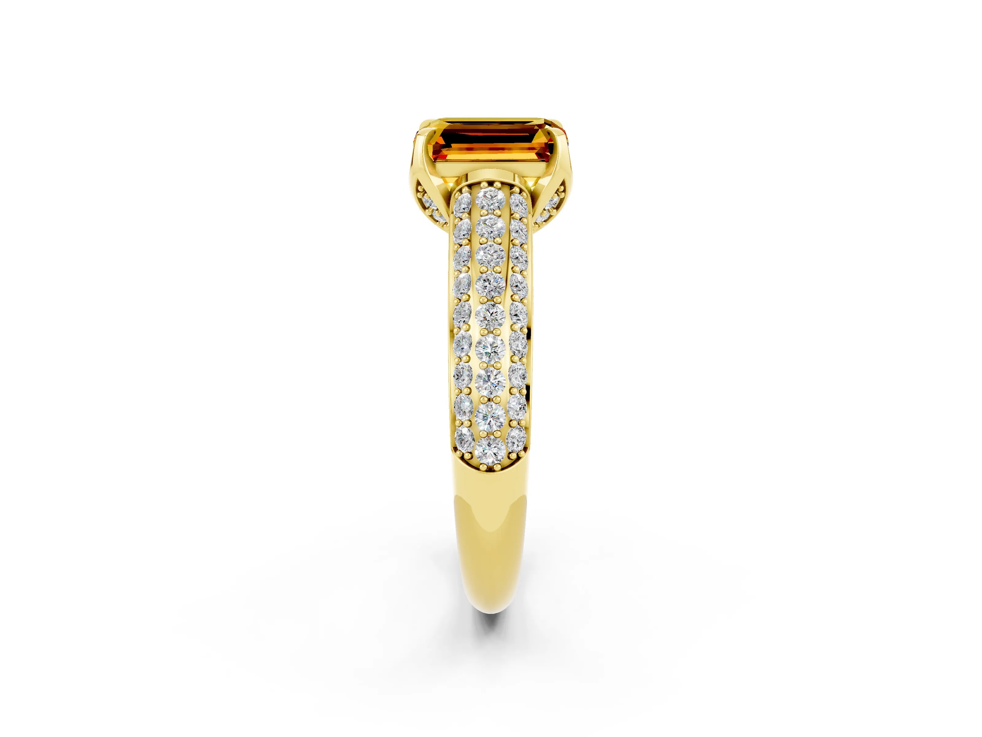 Yellow gold Emerald Cut Citrine Solitaire Ring with Three-Row Pavé Band and Four-Prong Setting_14