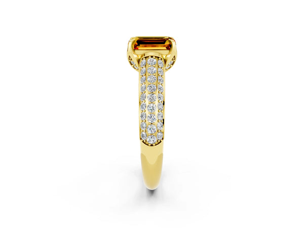Yellow gold Emerald Cut Citrine Solitaire Ring with Three-Row Pavé Band and Four-Prong Setting
