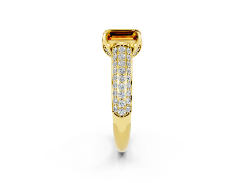 Yellow gold Emerald Cut Citrine Solitaire Ring with Three-Row Pavé Band and Four-Prong Setting_14