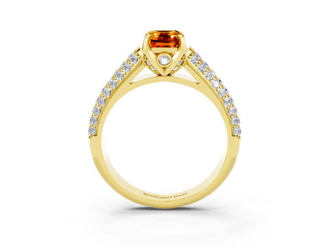 Yellow gold Emerald Cut Citrine Solitaire Ring with Three-Row Pavé Band and Four-Prong Setting_15