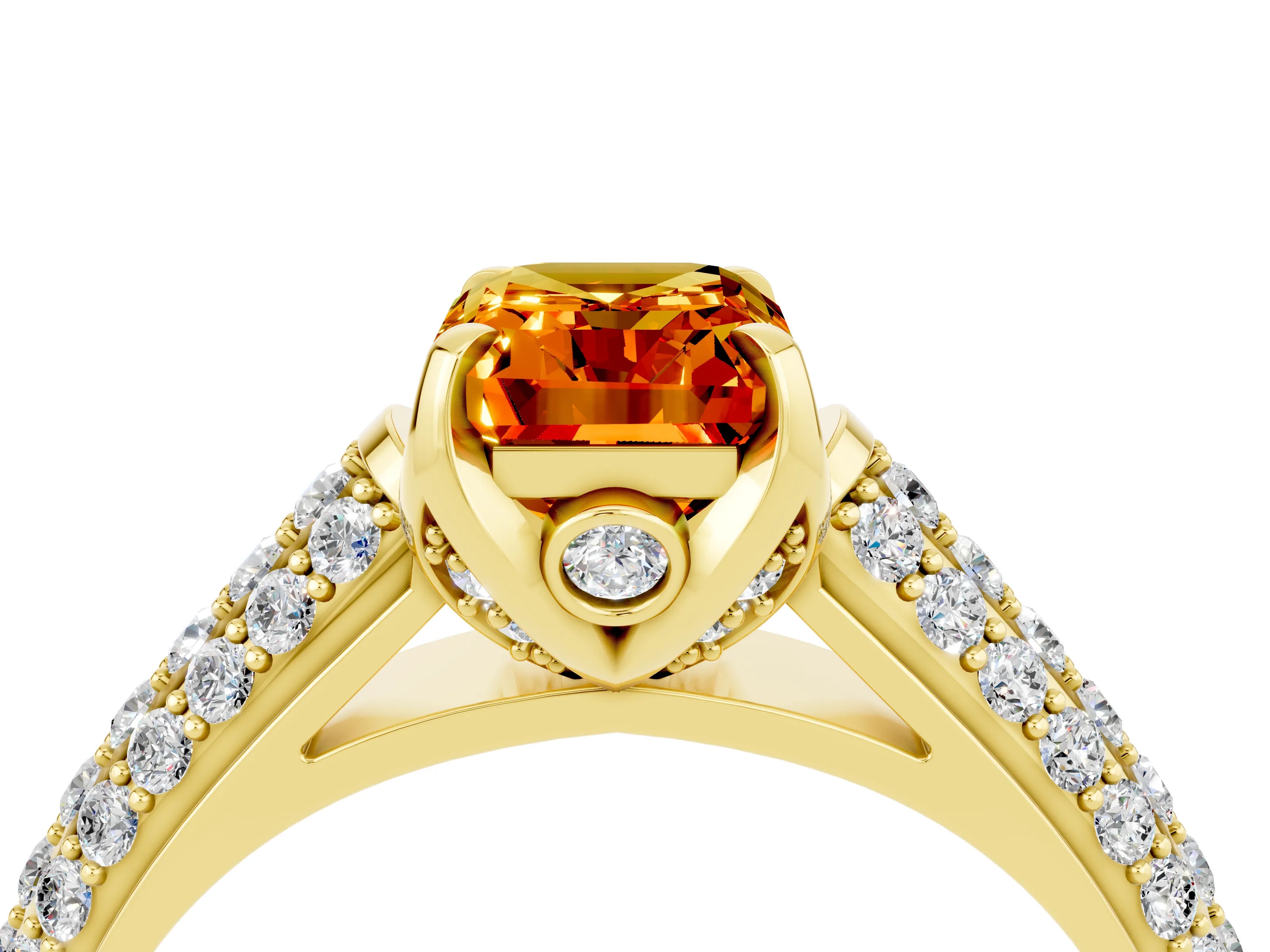 Yellow gold Emerald Cut Citrine Solitaire Ring with Three-Row Pavé Band and Four-Prong Setting_16