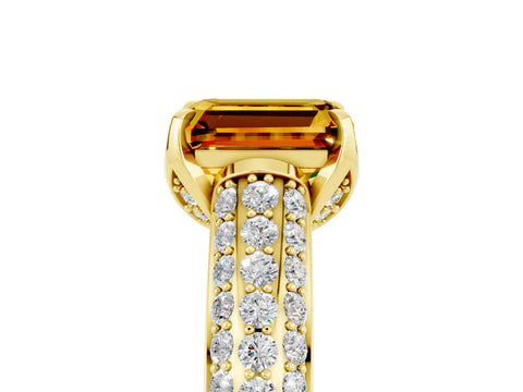 Yellow gold Emerald Cut Citrine Solitaire Ring with Three-Row Pavé Band and Four-Prong Setting_17