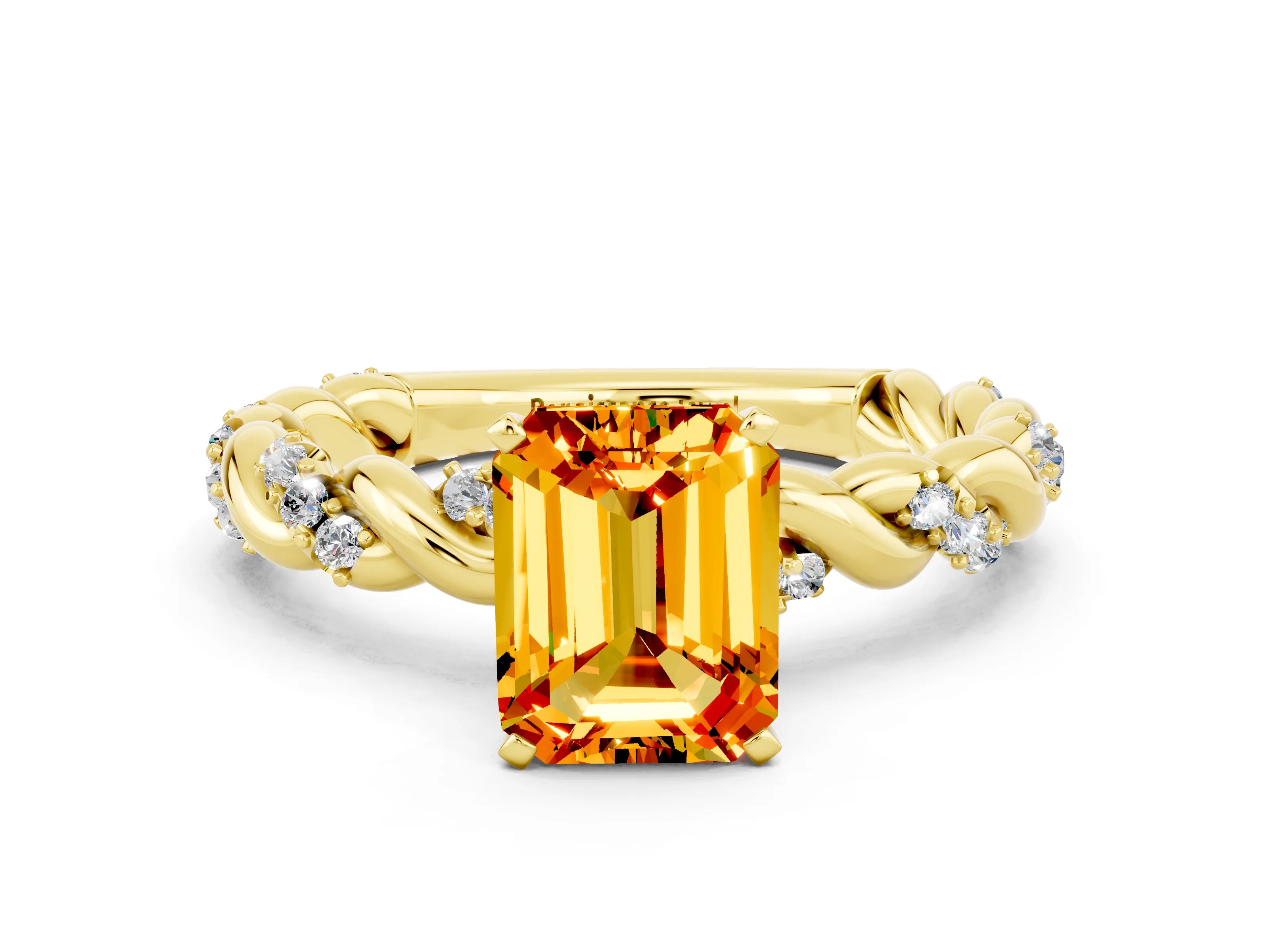 Yellow gold Emerald Cut Citrine Solitaire Ring with Twisted Band and Pavé Accents