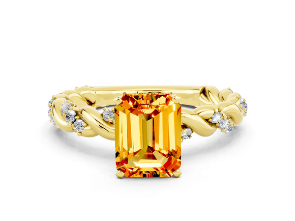 Yellow gold Emerald Cut Citrine Solitaire Ring with Twisted Band and Pavé Accents