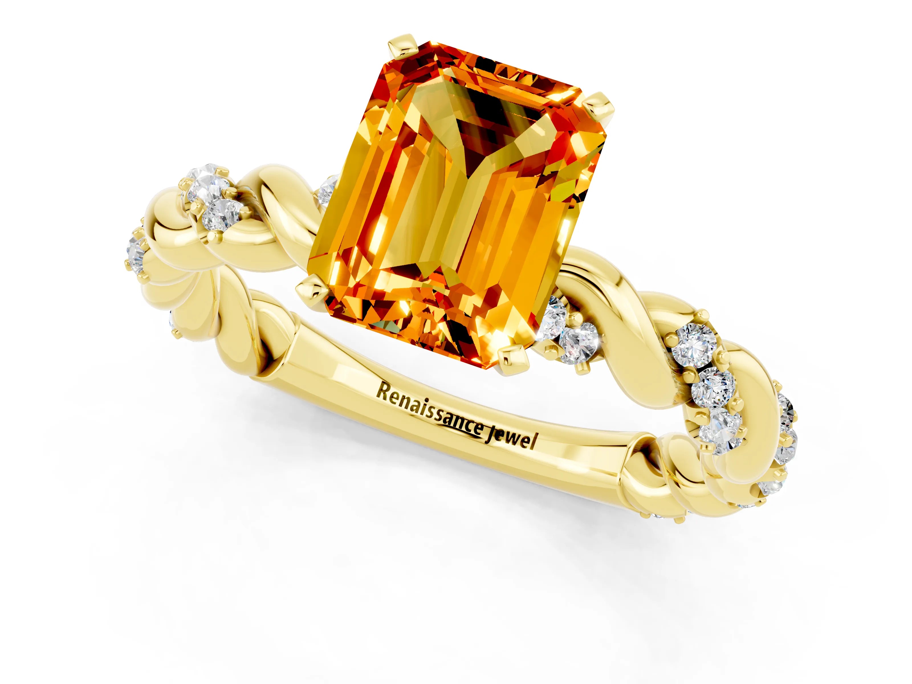 Yellow gold Emerald Cut Citrine Solitaire Ring with Twisted Band and Pavé Accents_1