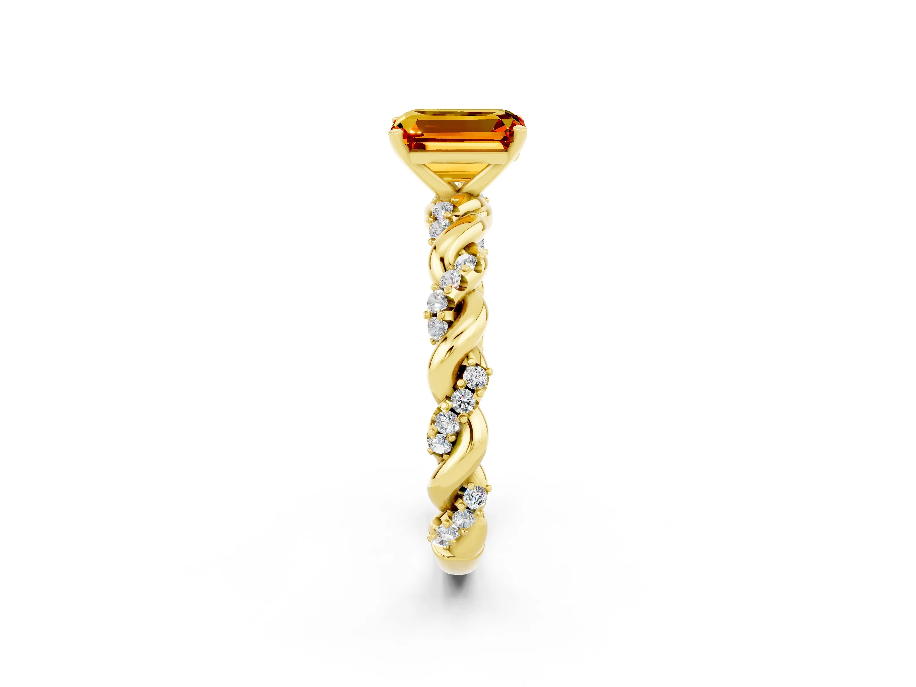 Yellow gold Emerald Cut Citrine Solitaire Ring with Twisted Band and Pavé Accents_2