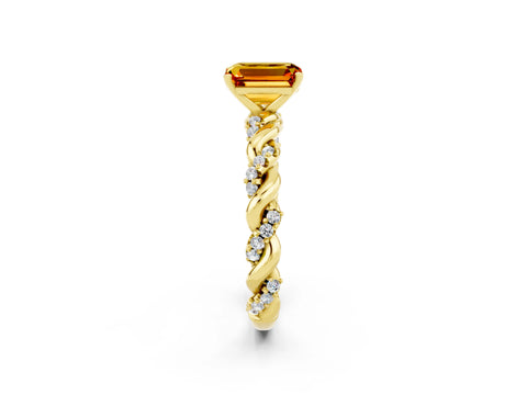 Yellow gold Emerald Cut Citrine Solitaire Ring with Twisted Band and Pavé Accents_2