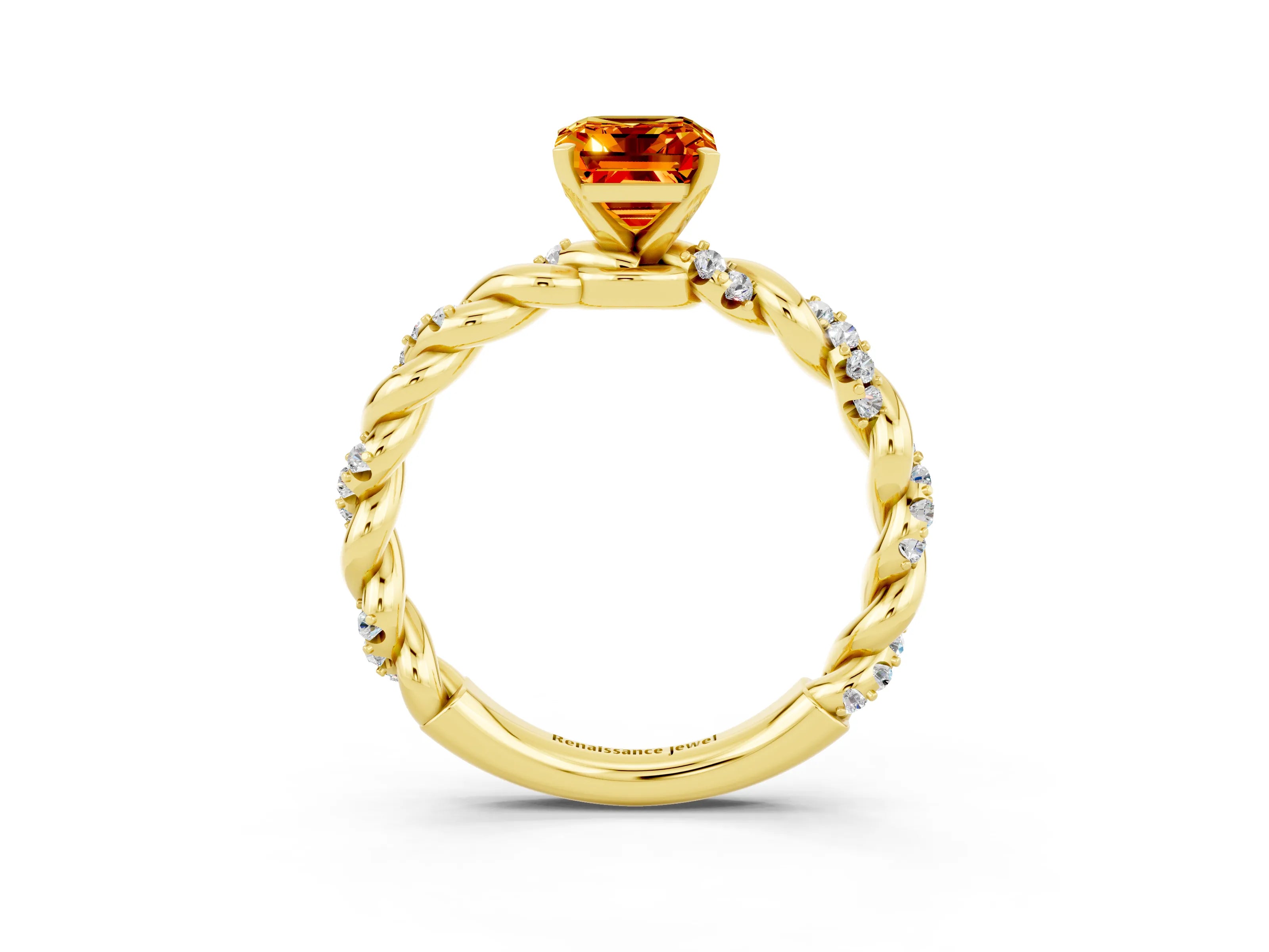 Yellow gold Emerald Cut Citrine Solitaire Ring with Twisted Band and Pavé Accents_3
