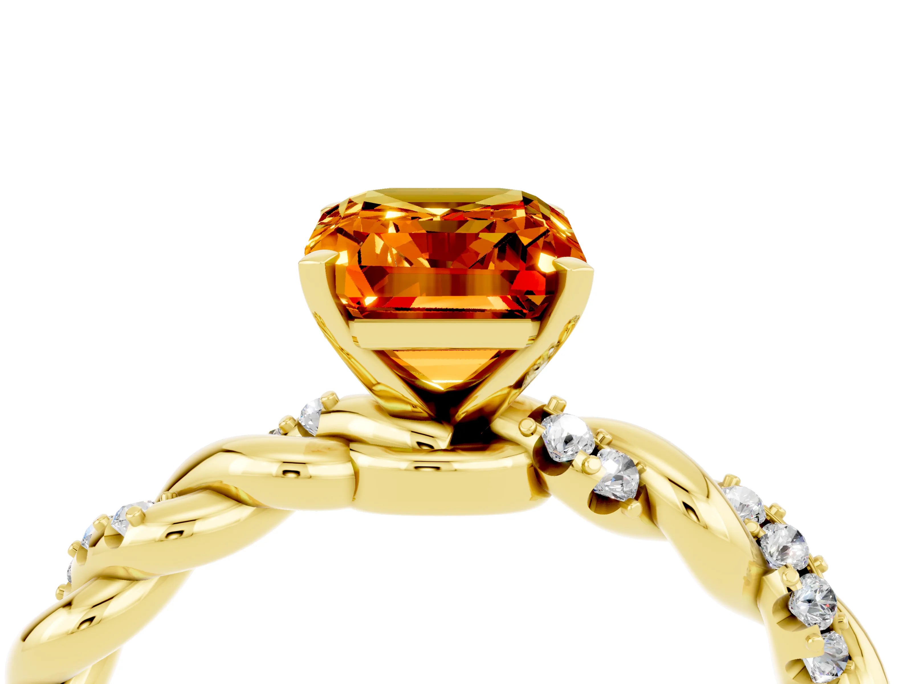 Yellow gold Emerald Cut Citrine Solitaire Ring with Twisted Band and Pavé Accents_4