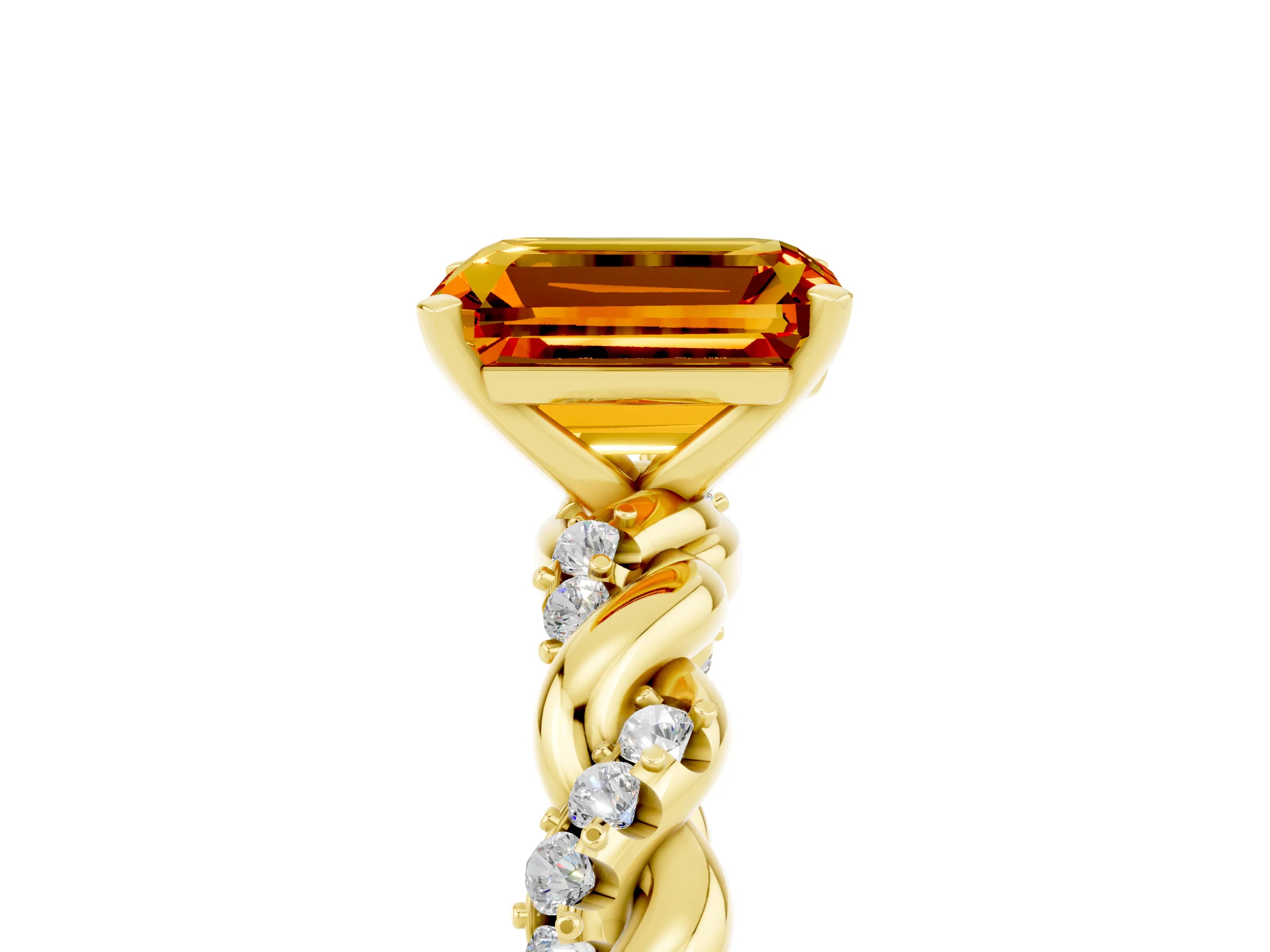 Yellow gold Emerald Cut Citrine Solitaire Ring with Twisted Band and Pavé Accents_5