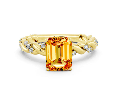 Yellow gold Emerald Cut Citrine Solitaire Ring with Twisted Band and Pavé Accents