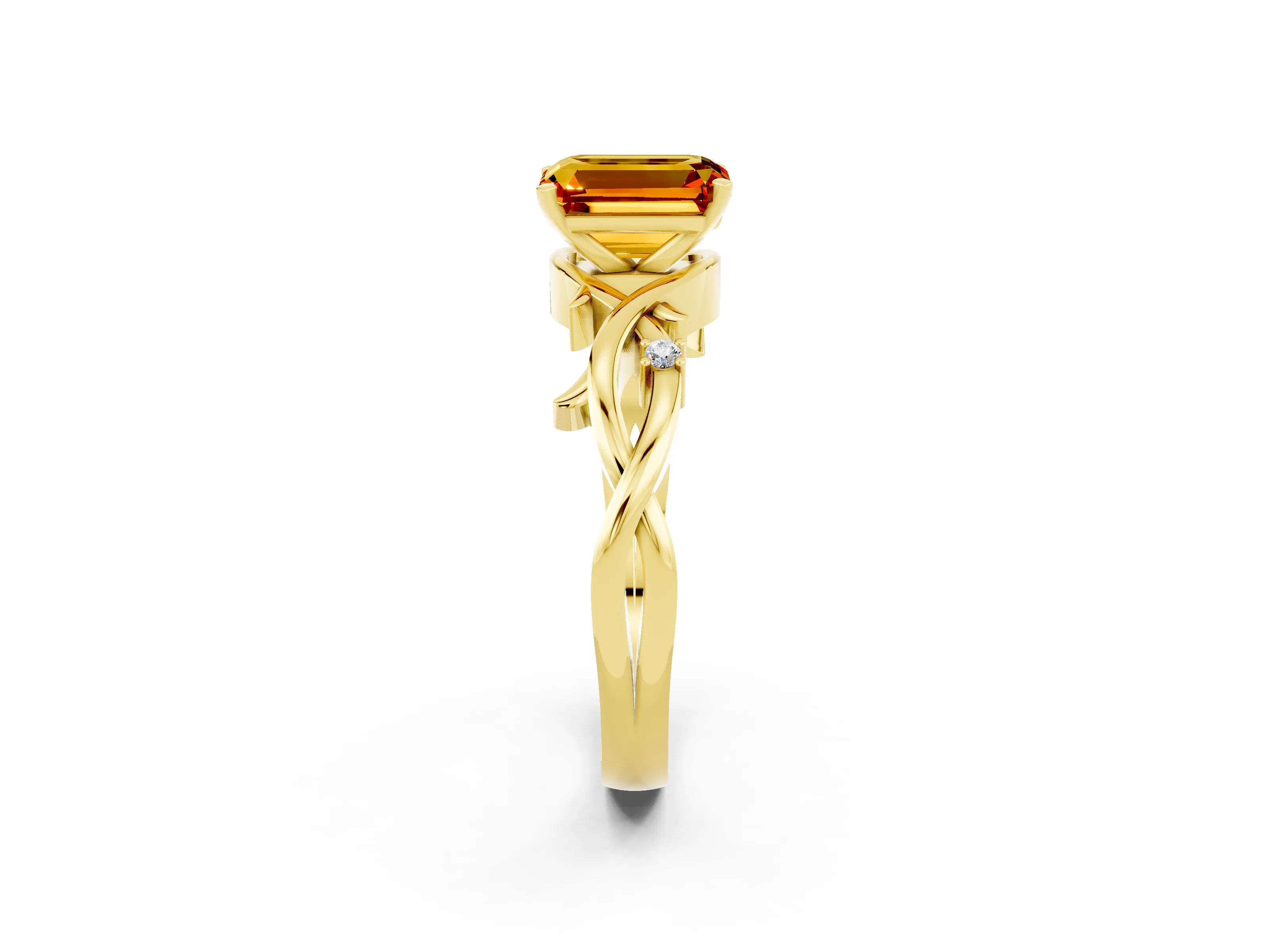 Yellow gold Emerald Cut Citrine Solitaire Ring with Twisted Band and Prong Setting_2