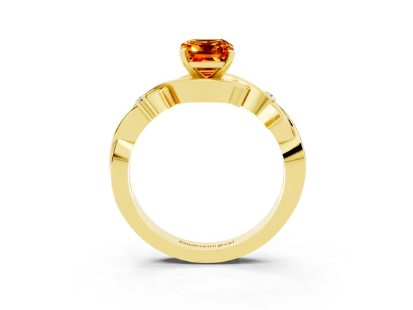 Yellow gold Emerald Cut Citrine Solitaire Ring with Twisted Band and Prong Setting
