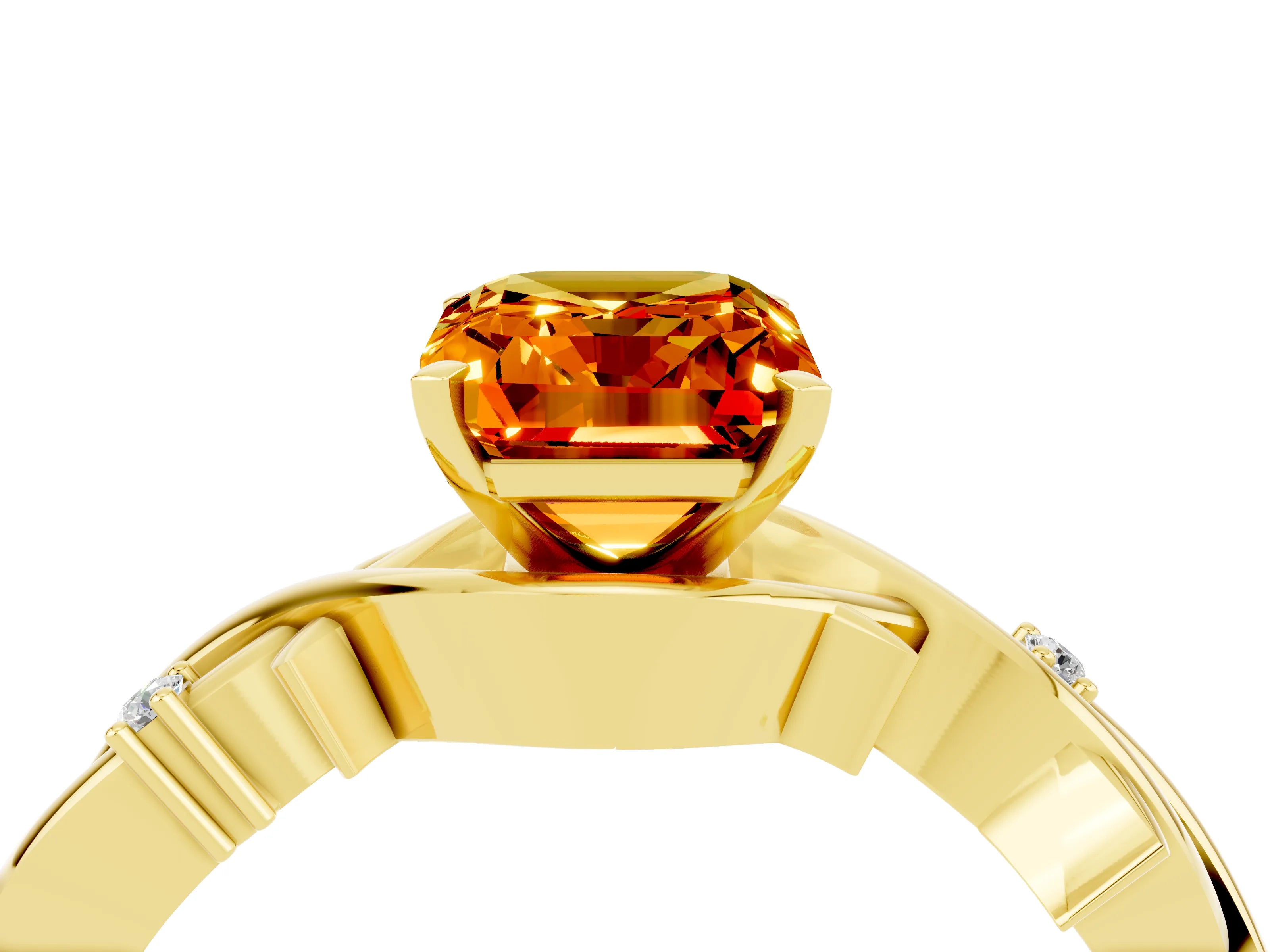 Yellow gold Emerald Cut Citrine Solitaire Ring with Twisted Band and Prong Setting_4