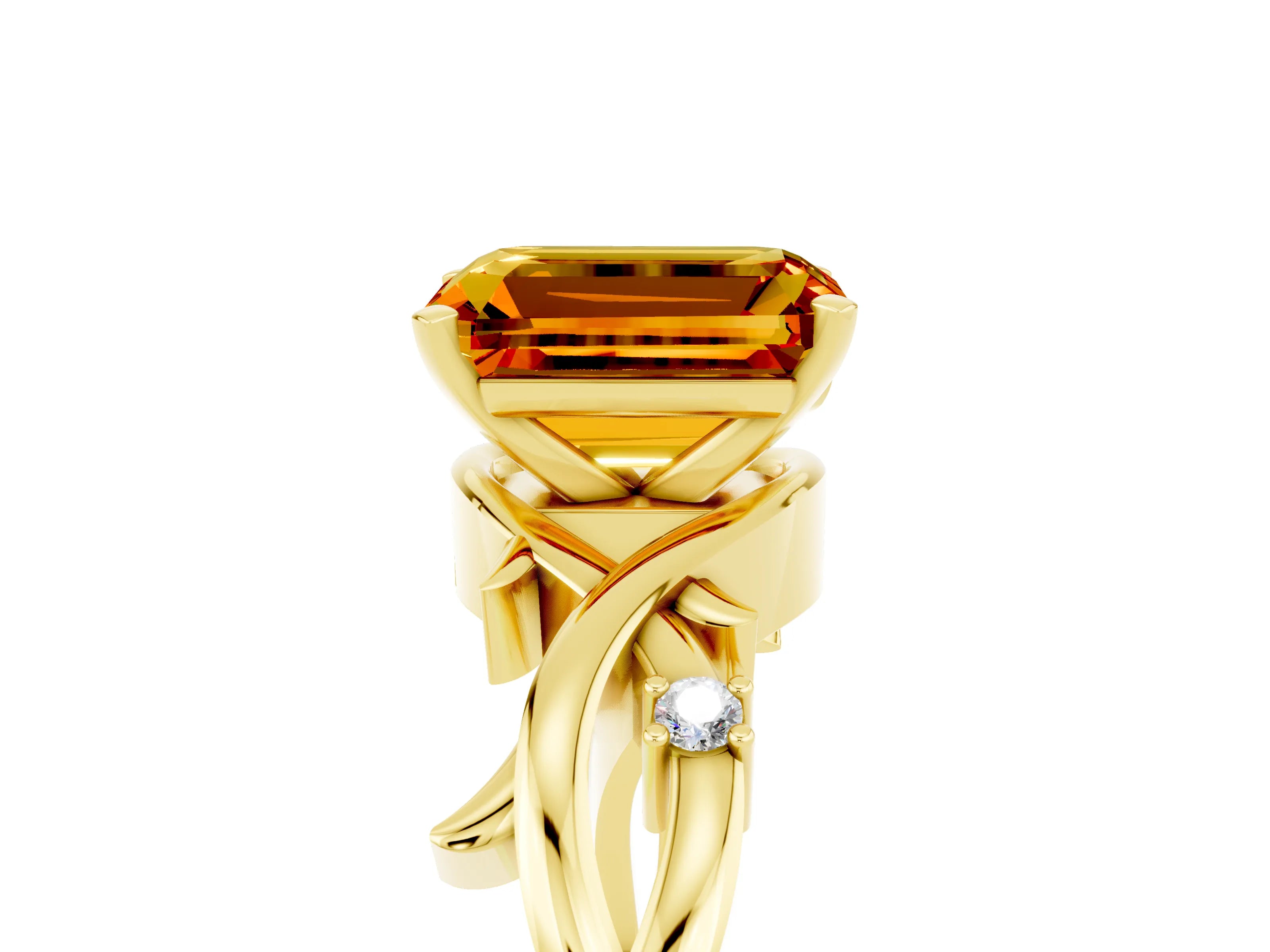 Yellow gold Emerald Cut Citrine Solitaire Ring with Twisted Band and Prong Setting_5