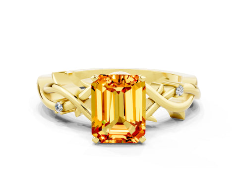 Yellow gold Emerald Cut Citrine Solitaire Ring with Twisted Band and Prong Setting