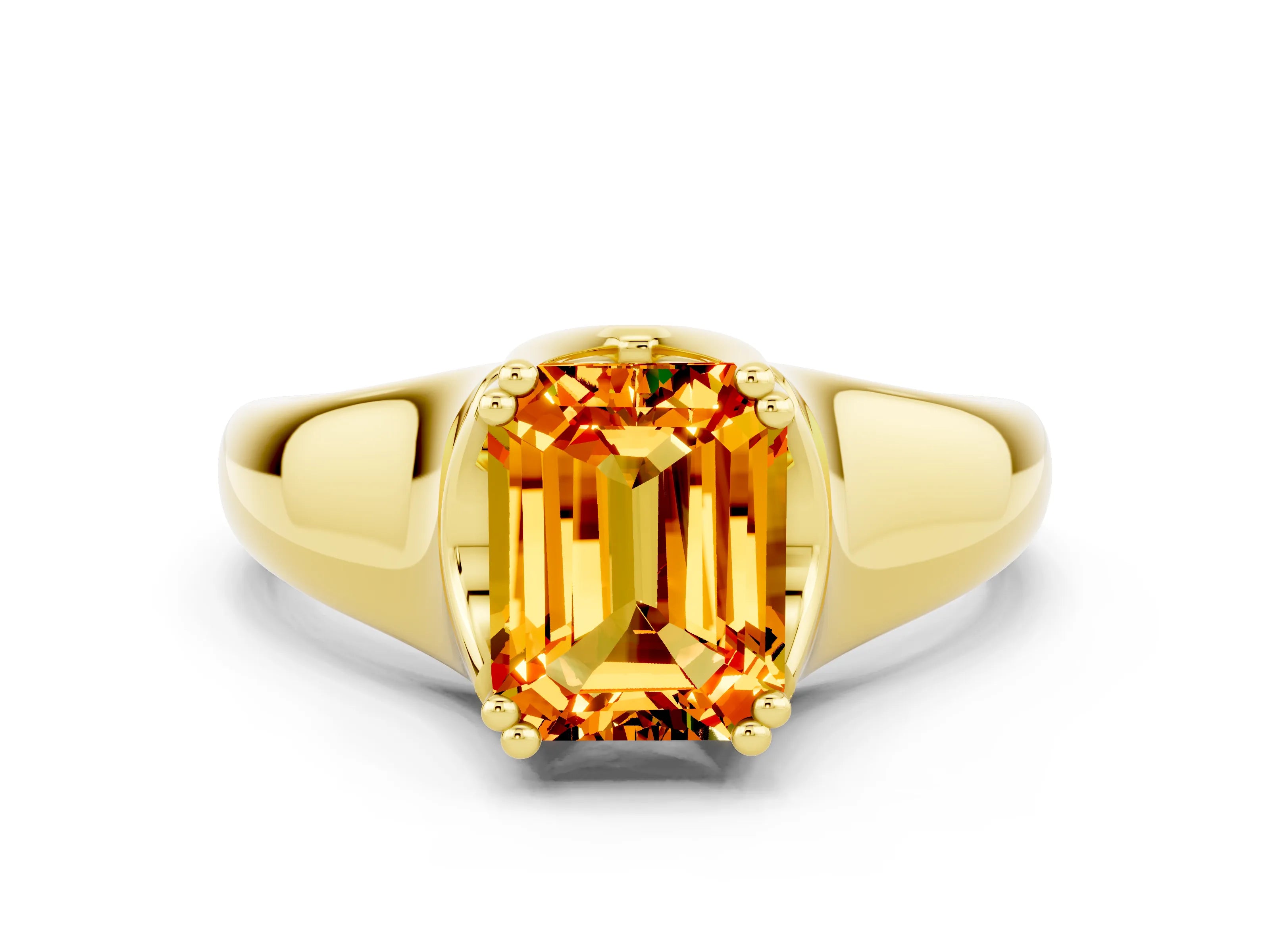 Yellow gold Emerald Cut Citrine Solitaire Ring with Wide Band and Prong Setting
