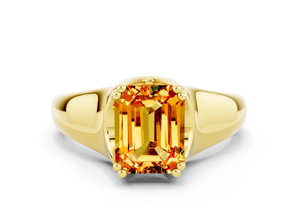 Yellow gold Emerald Cut Citrine Solitaire Ring with Wide Band and Prong Setting