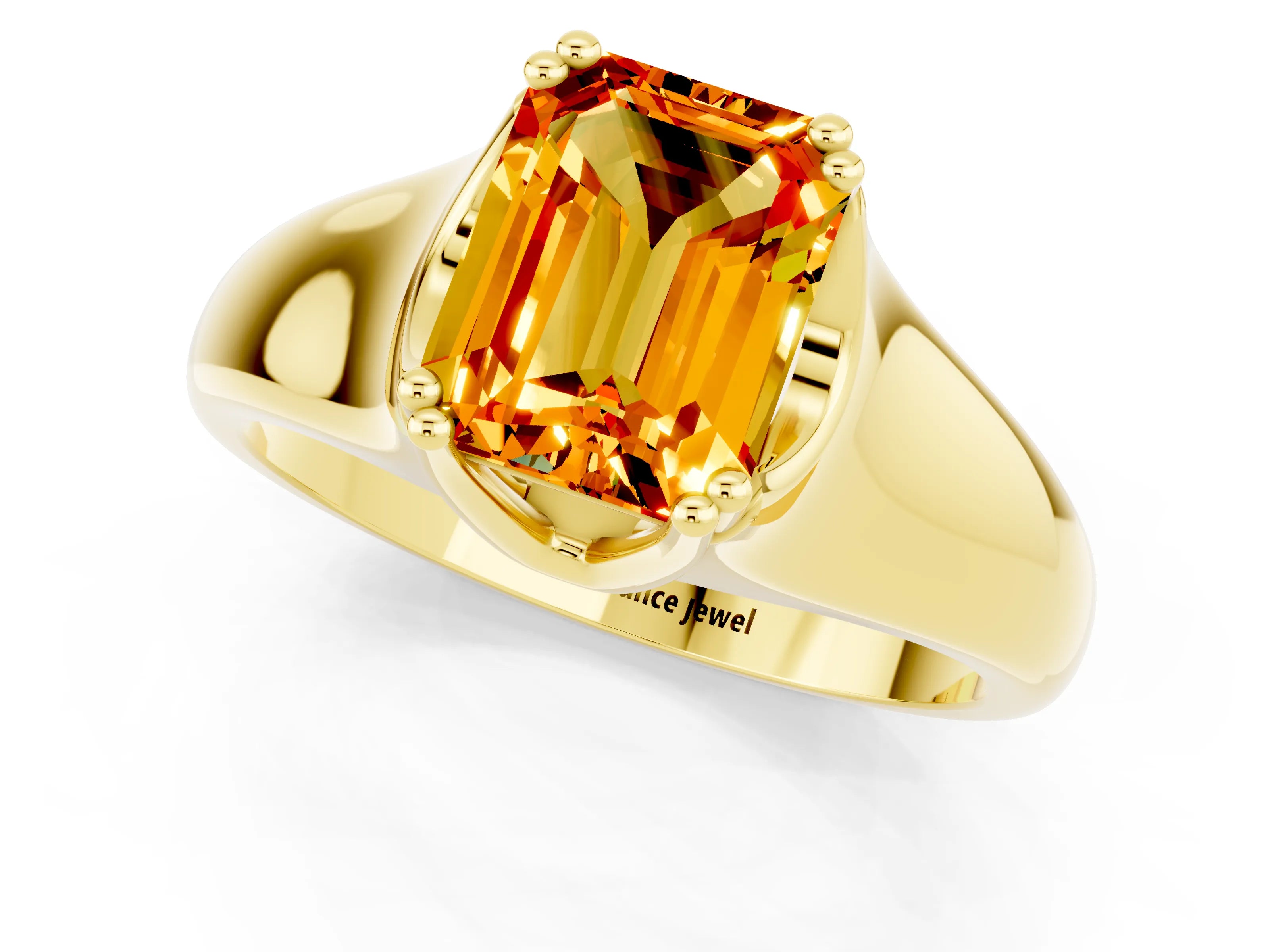 Yellow gold Emerald Cut Citrine Solitaire Ring with Wide Band and Prong Setting_1