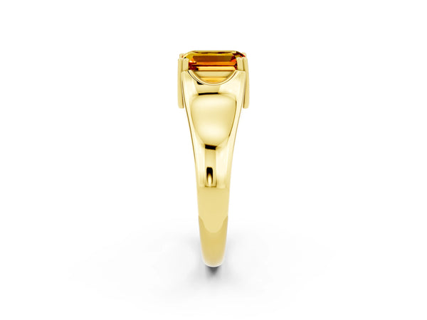 Yellow gold Emerald Cut Citrine Solitaire Ring with Wide Band and Prong Setting