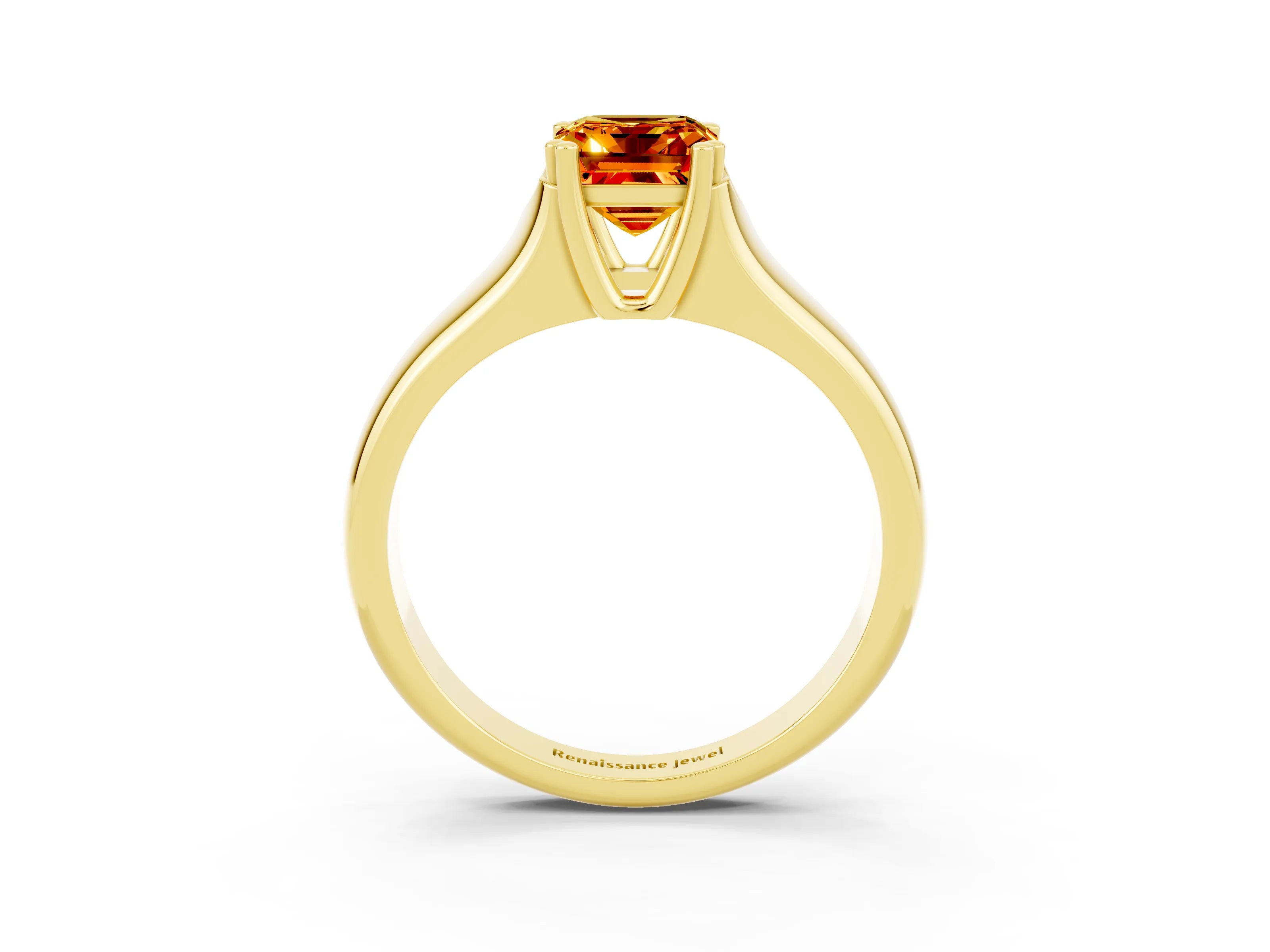 Yellow gold Emerald Cut Citrine Solitaire Ring with Wide Band and Prong Setting_3