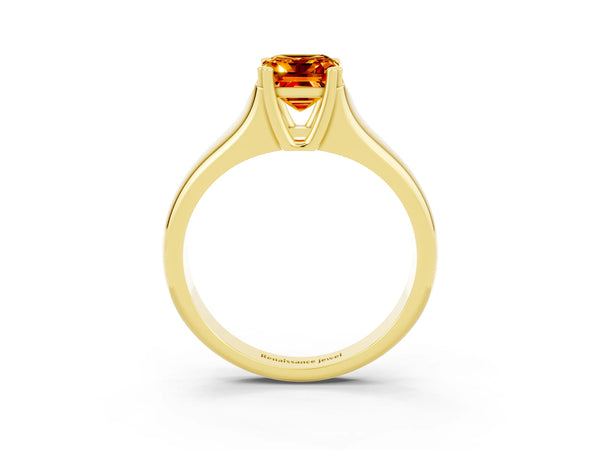 Yellow gold Emerald Cut Citrine Solitaire Ring with Wide Band and Prong Setting
