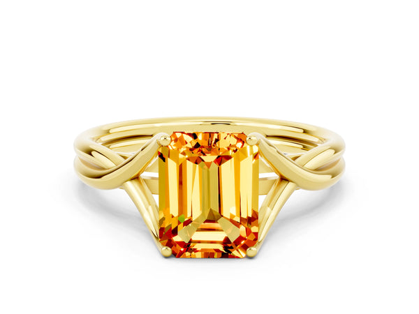 Yellow gold Emerald Cut Citrine Solitaire Twist Band Prong Setting Ring