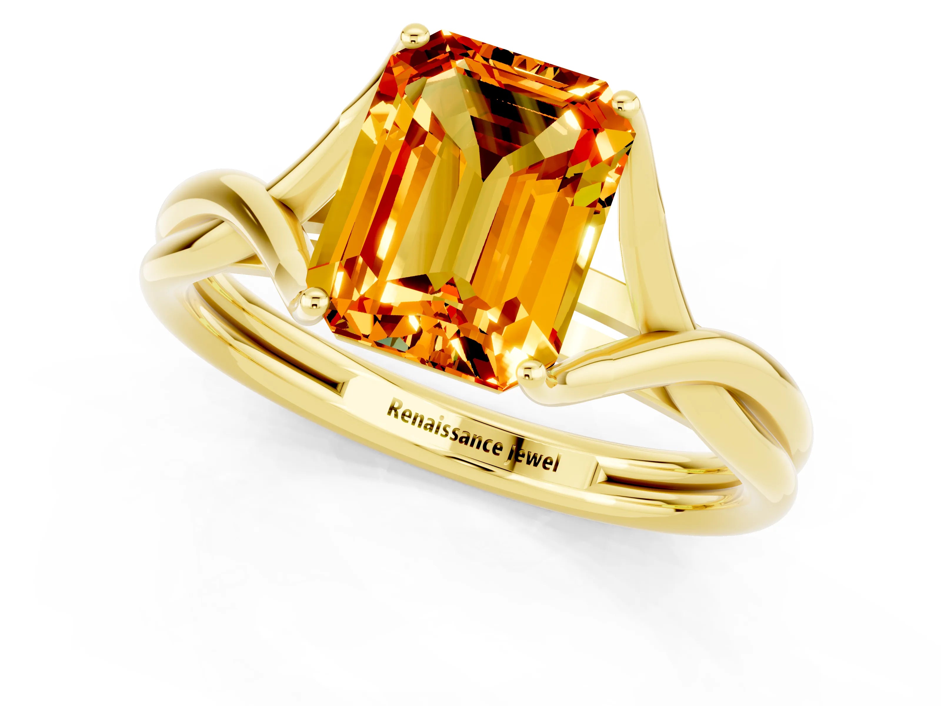 Yellow gold Emerald Cut Citrine Solitaire Twist Band Prong Setting Ring_37