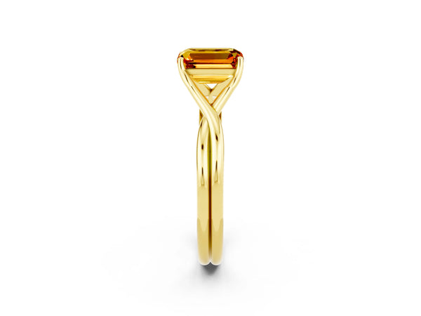 Yellow gold Emerald Cut Citrine Solitaire Twist Band Prong Setting Ring