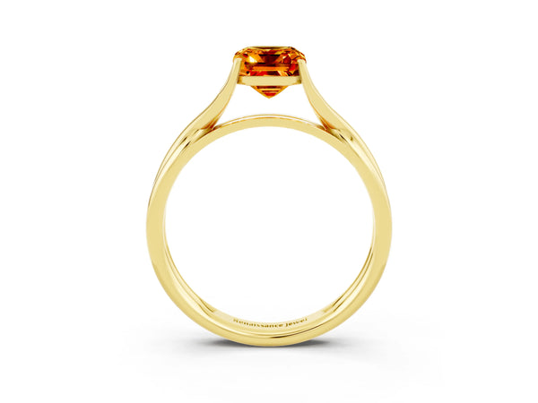 Yellow gold Emerald Cut Citrine Solitaire Twist Band Prong Setting Ring