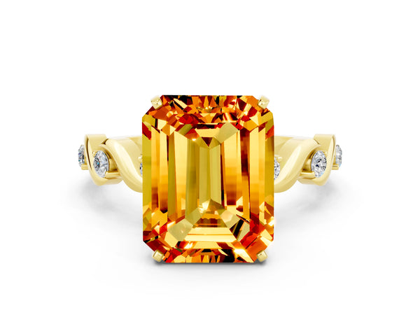 Yellow gold Emerald Cut Citrine Solitaire Twisted Band with Round  Accents and Prong Setting