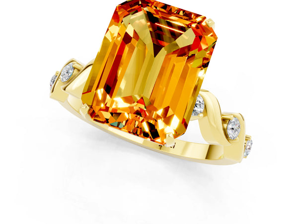 Yellow gold Emerald Cut Citrine Solitaire Twisted Band with Round  Accents and Prong Setting