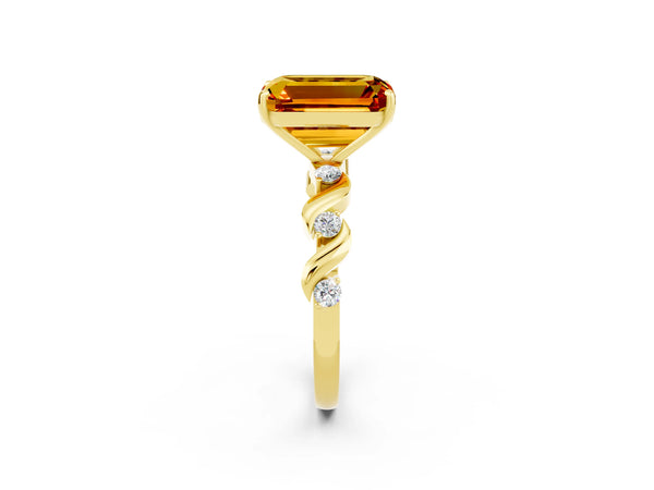 Yellow gold Emerald Cut Citrine Solitaire Twisted Band with Round  Accents and Prong Setting