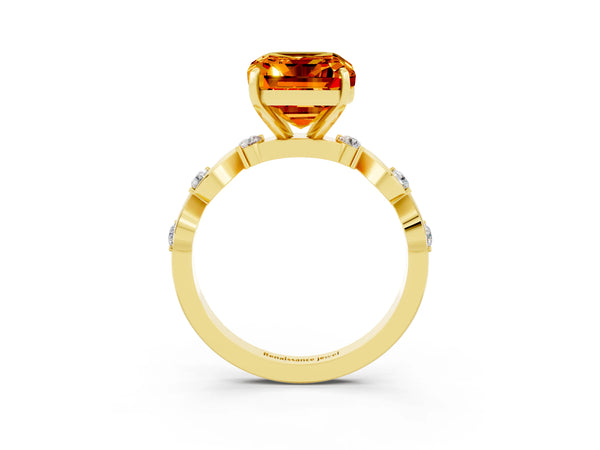 Yellow gold Emerald Cut Citrine Solitaire Twisted Band with Round  Accents and Prong Setting