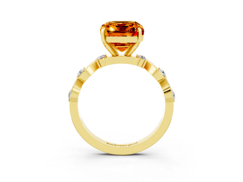 Yellow gold Emerald Cut Citrine Solitaire Twisted Band with Round  Accents and Prong Setting_15