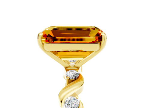 Yellow gold Emerald Cut Citrine Solitaire Twisted Band with Round  Accents and Prong Setting_17