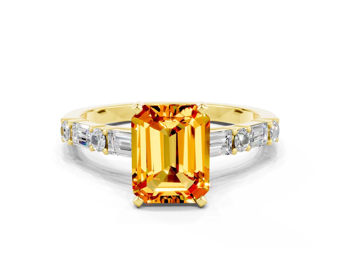 Yellow gold Emerald Cut Citrine Solitaire with Side Baguettes and Channel Set Band